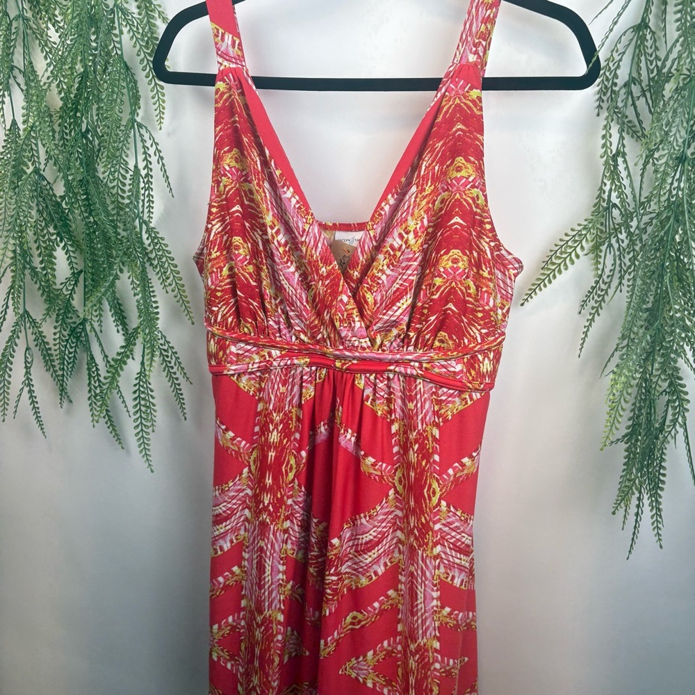 Jaclyn Smith Dress. Size large. Long. Red/yellow/pink V neck. Sleeveless